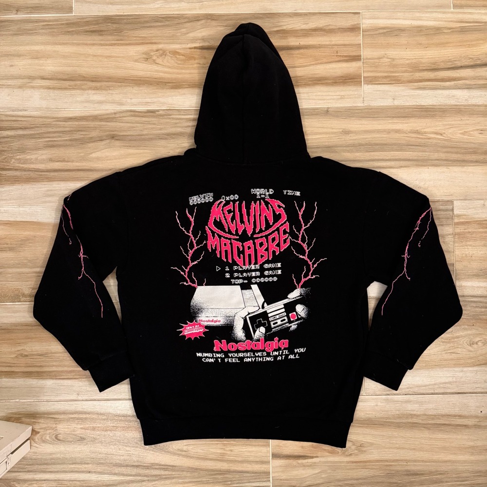 MEAT Melvins Macabre Nostalgia Hoodie Black Pink Retro Gaming Graphic Mens L